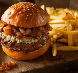 Bacon Blue Cheese Burger with Caramelized Onions